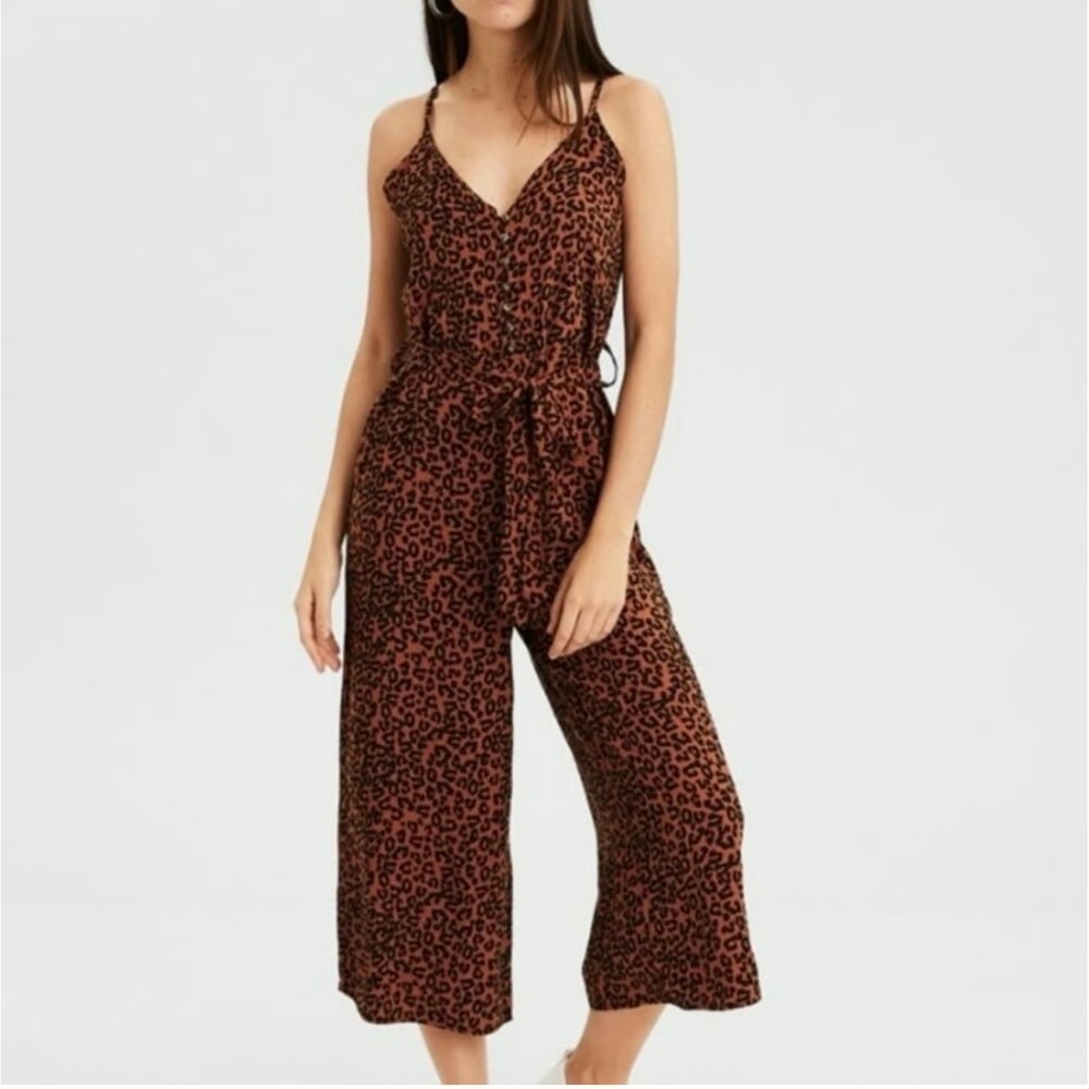 American Eagle Leopard Print Jumpsuit Womens Medium Brown Tie Waist Wide Leg